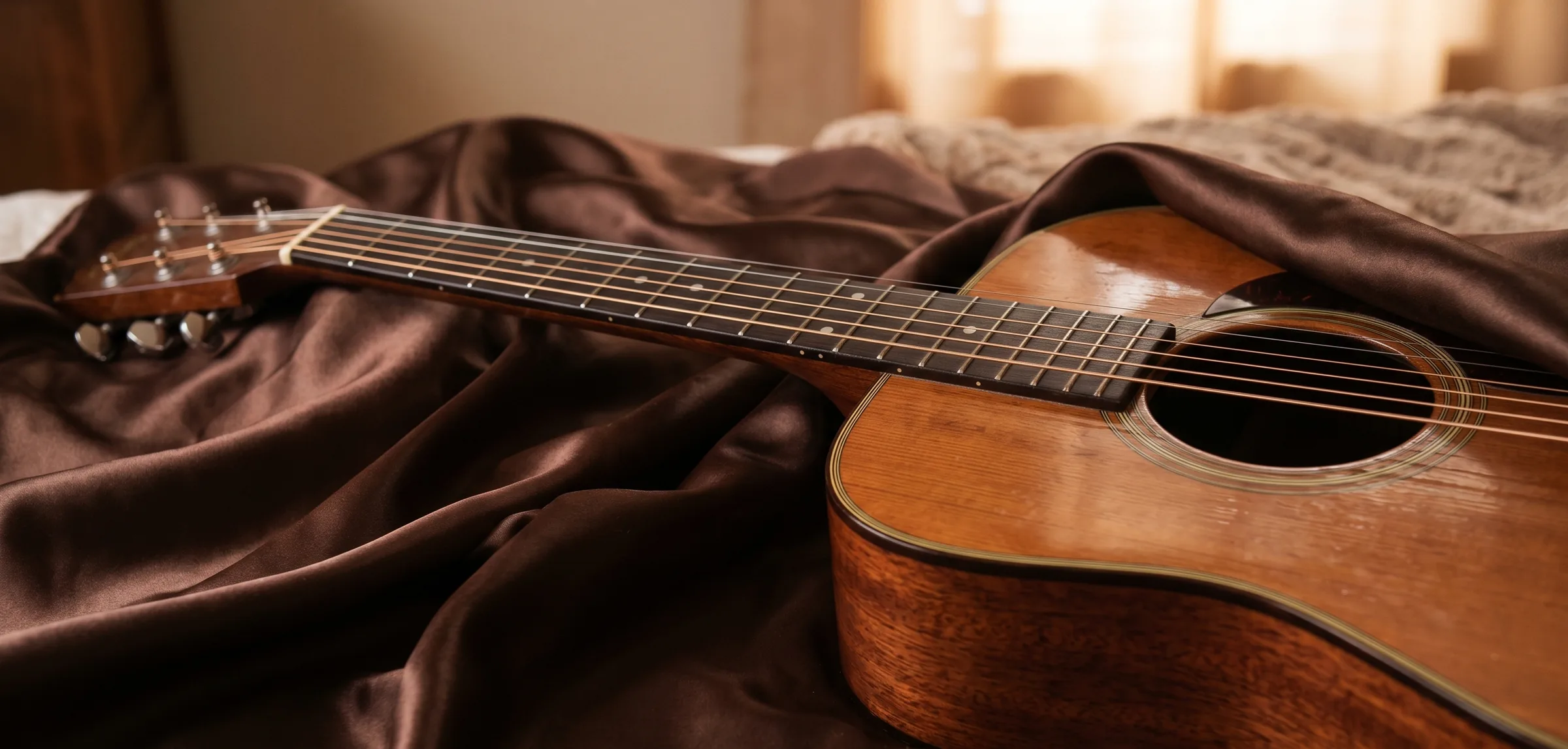 Akustická gitara položená na hnedom hodvábe – profesionálny servis gitár